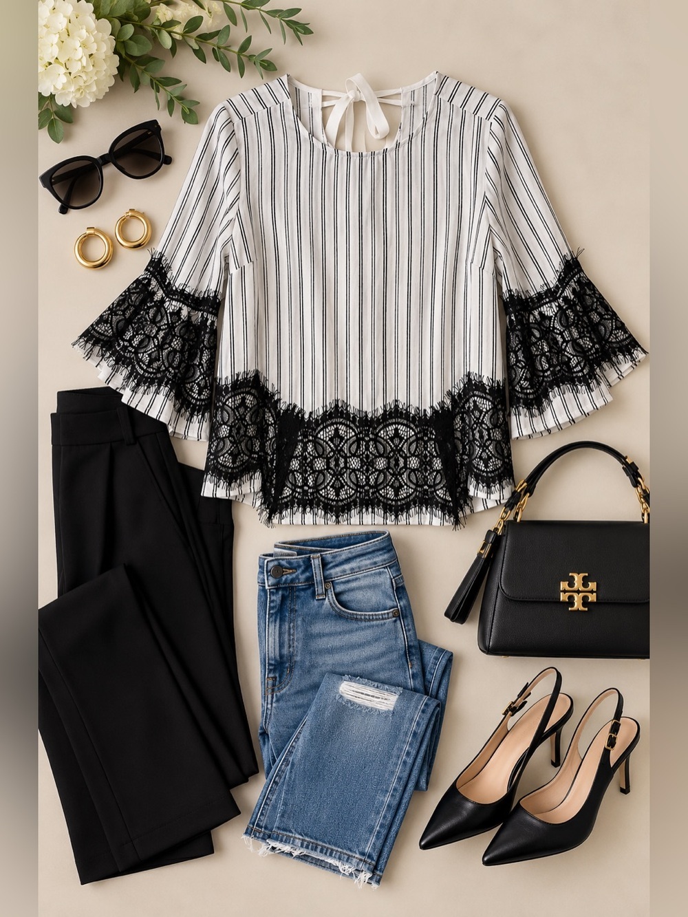 Hayden LA Black White Striped Lace Trim Blouse